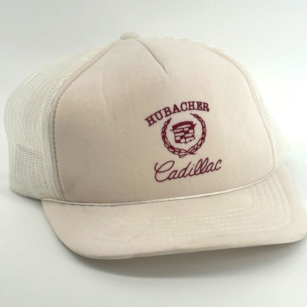 Vintage Hubacher Cadillac Trucker Hat AJ Headwear Cream White Snapback Mesh Cap